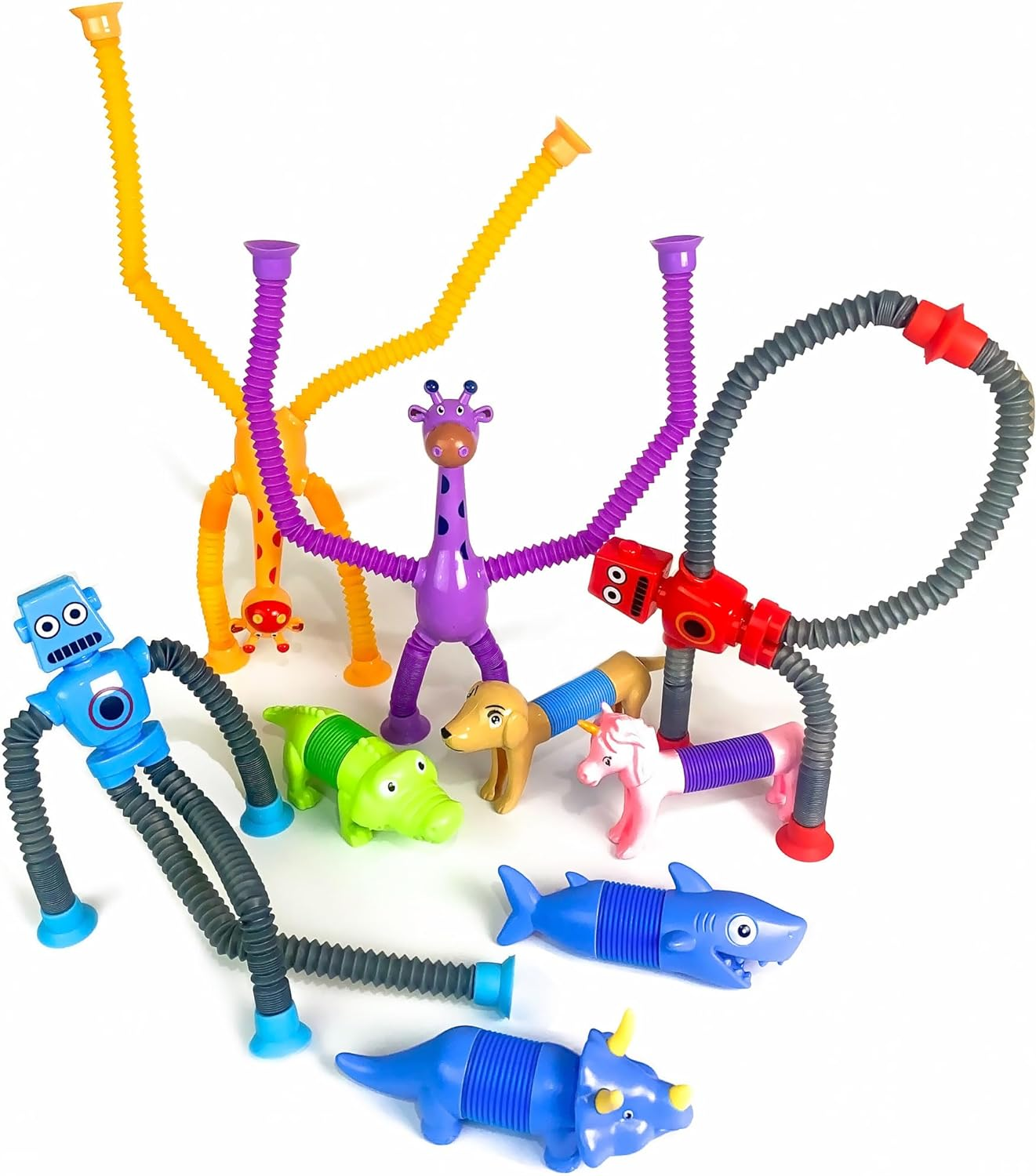 9 Pieces Pop Tubes Robot Mixed Animal Gift Box, Shape Changing Telescopic Fidget Toys, Sensory Tubes for Toddlers, Girls and Boys (Regular)