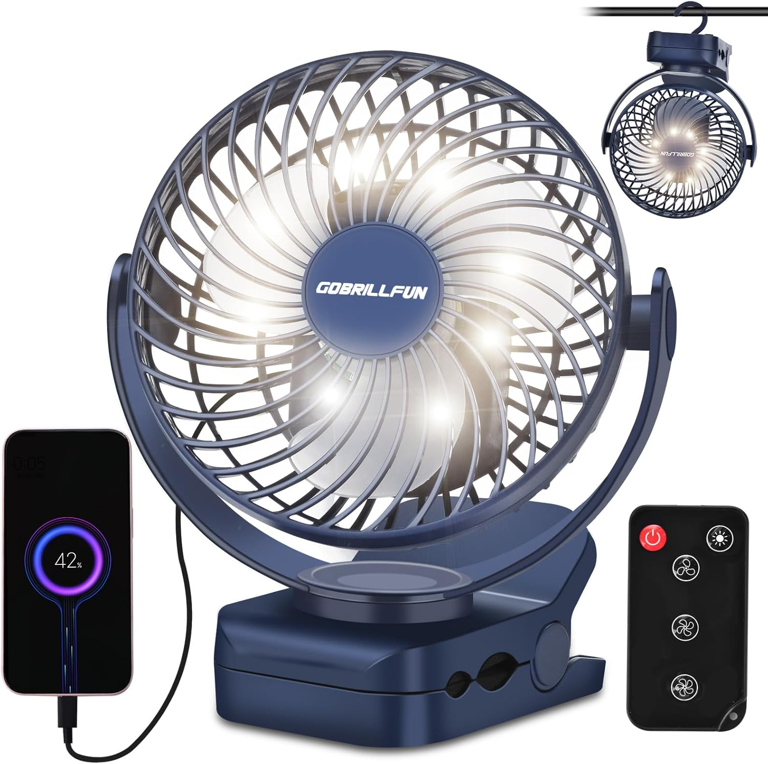 GOBRILLFUN Portable Clip Fan with Remote, 9 LED Lights, 6-Inch Battery Operated USB Rechargeable Fan with 3 Speeds, Power Bank Feature, Personal Cooling for Home, Office, RV, Outdoor Camping