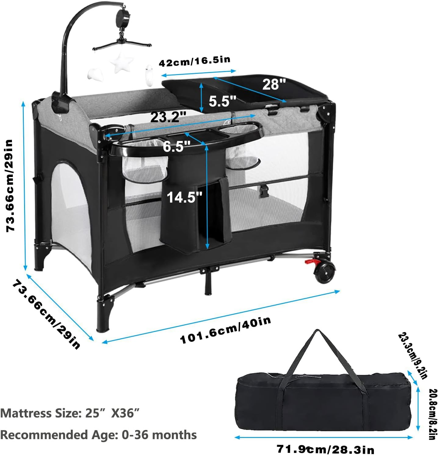 Portable Baby Crib, Foldable Baby Portacot, 4 in 1 Portable Nursery Cente, Foldable Travel Playard with Changing Table, Bassinet, Soft Mattress, Hanging Toys and Carry Bag image number 5