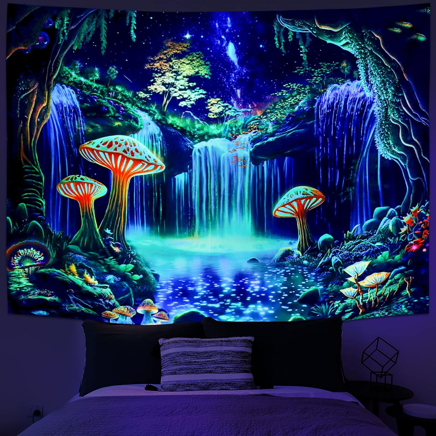Blacklight Fantasy Forest Tapestry UV Reactive Waterfall Tapestries Starry Sky Tapestry Neon Nature Plant Wall Hanging Decor for Home image number 6