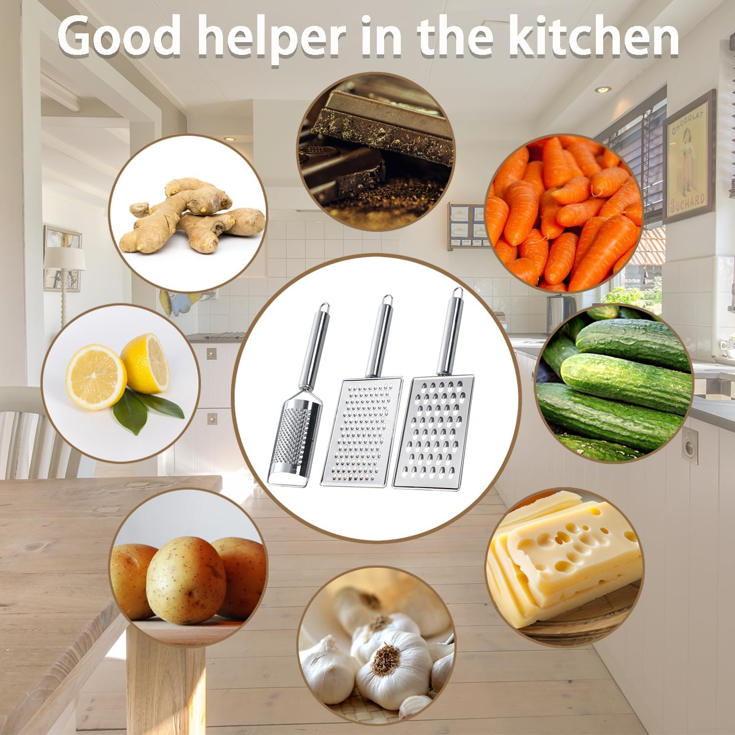 Professional Stainless Steel Cheese Grater Handheld Kitchen Grater for Cheese, Ginger, Chocolate & Spices Versatile Metal Grater for Effortless Shredding and Zesting (3 Pcs)