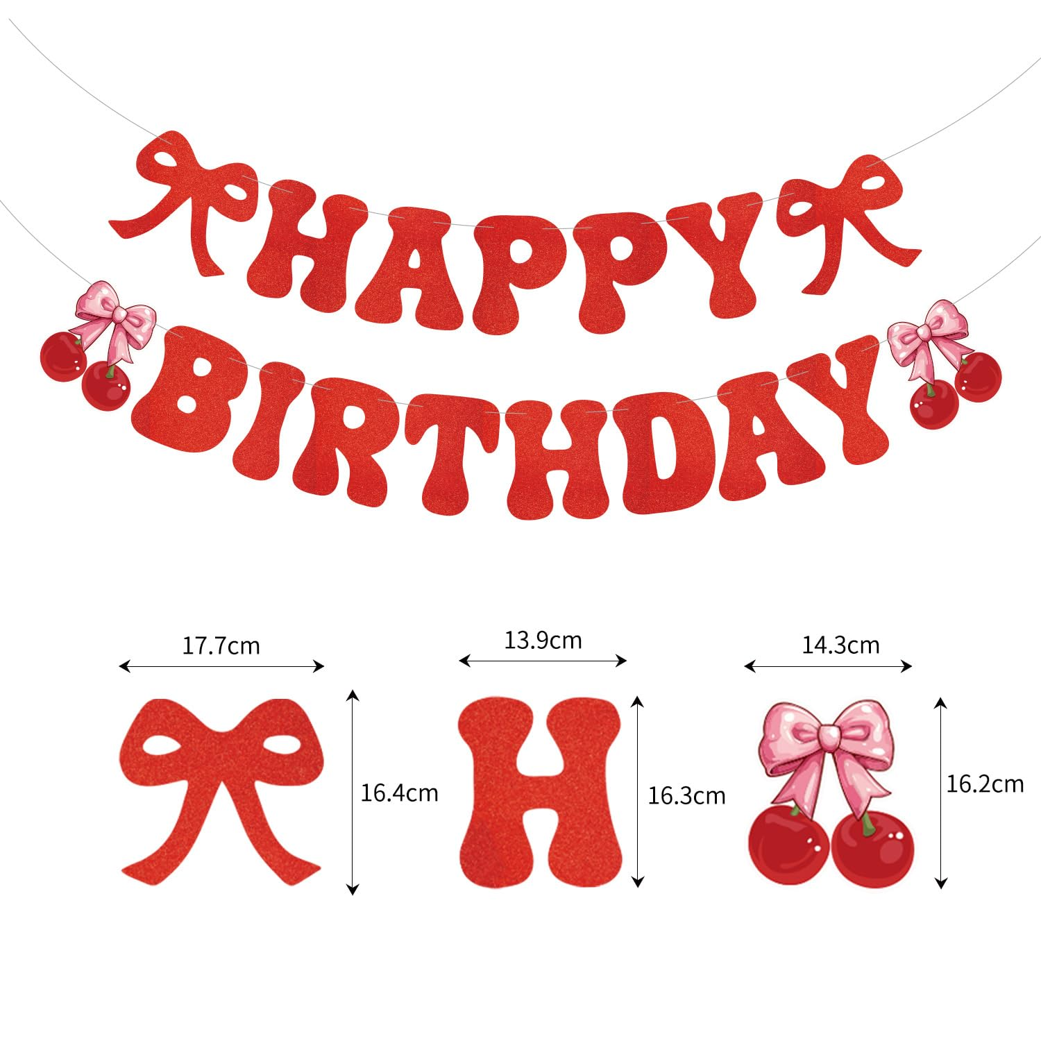 Cherry Birthday Banner - Funny Fruit Theme Happy Birthday Sign, 1St Bday Bridal Shower Banner, Birthday Party Decorations Red Glitter image number 2