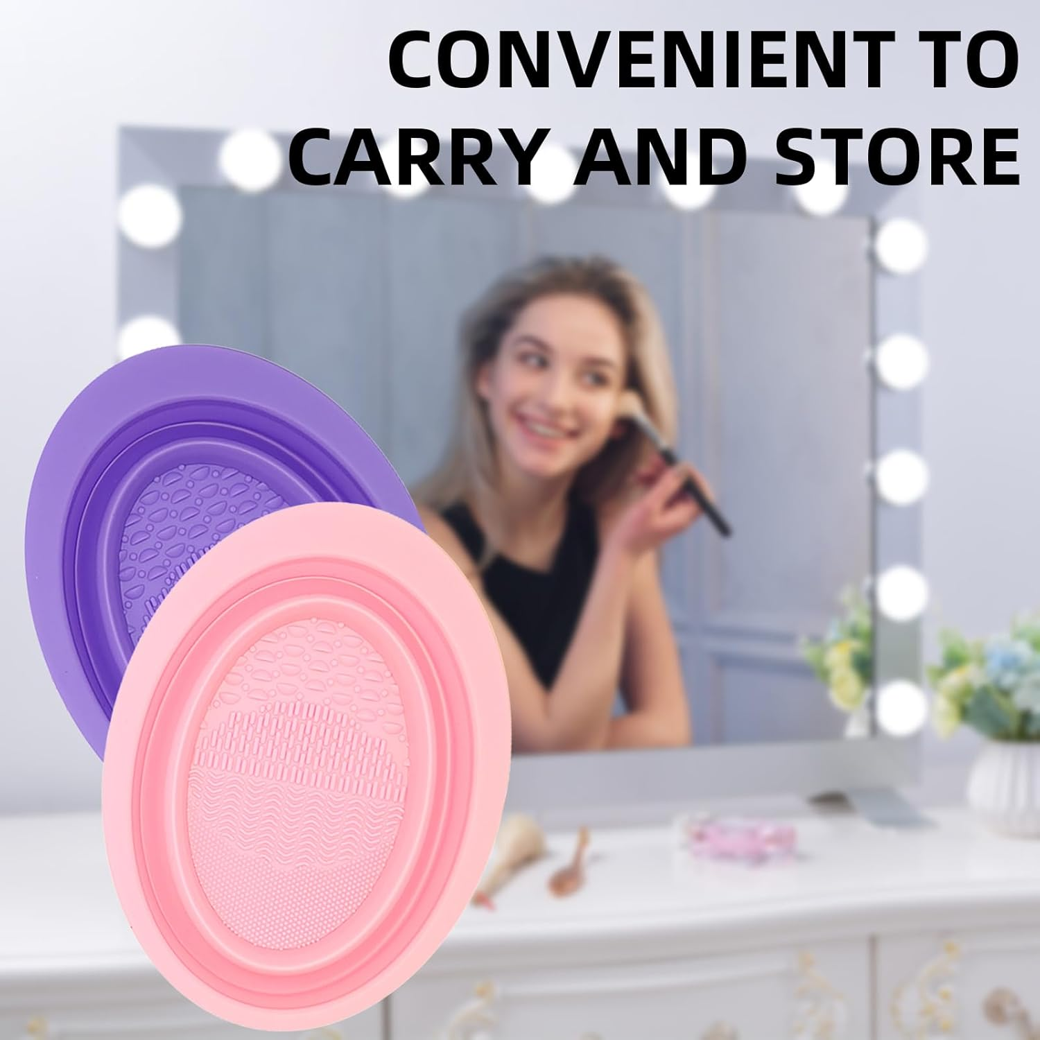 Hzqzaoan 2 Pcs Foldable Silicone Makeup Brush Cleaner Bowl, Makeup Brush Cleaning Mat Foldable Environmental Silicone Cleaning Bowl, Portable Cleaning Tool for Brushes/Puffs/Sponges (Purple + Pink) image number 4