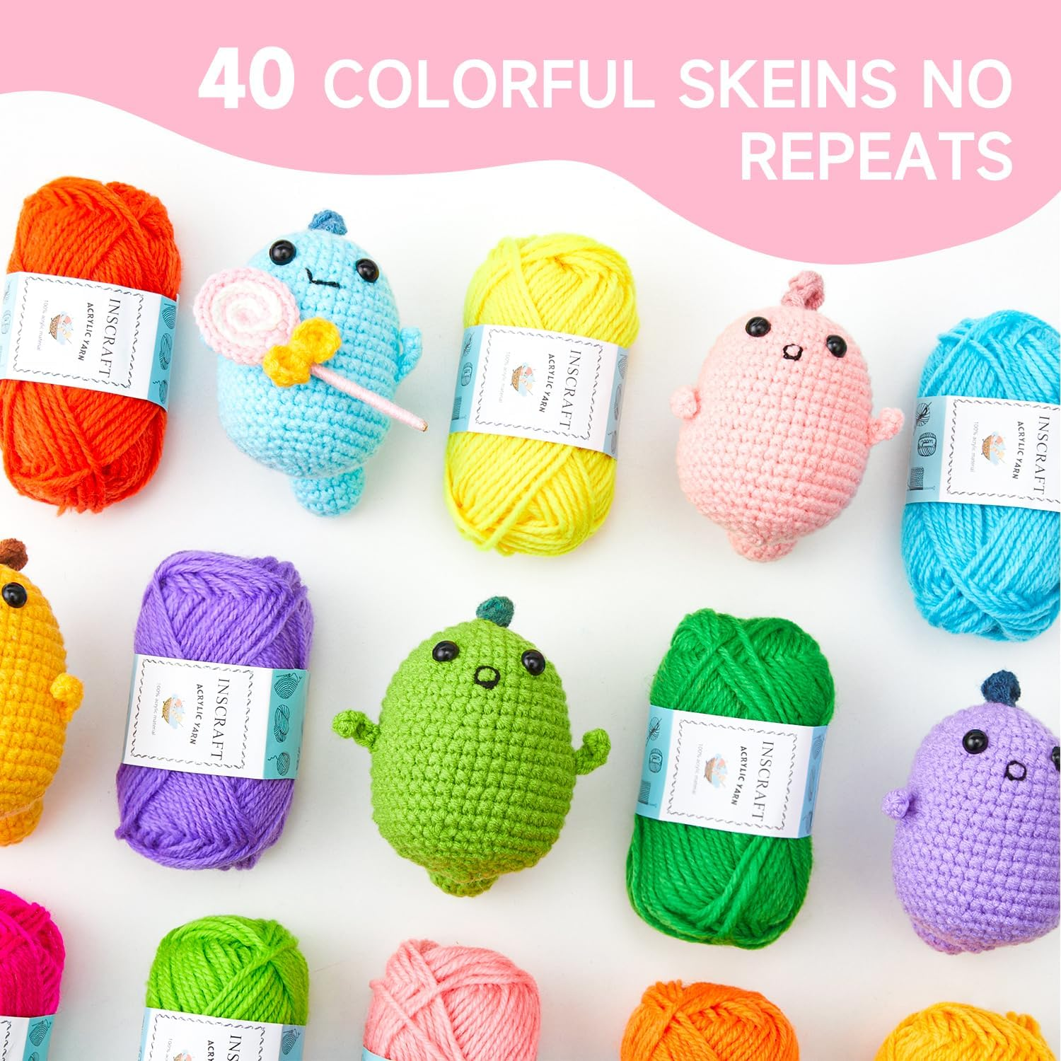 40 Acrylic Yarn Skeins 2000 Yards Craft Yarn with Reusable Canvas Bag Includes 6 E-Books 2 Crochet Hooks 2 Weaving Needles 4 Locking Stitch Markers for Crochet & Knitting by Inscraft image number 5