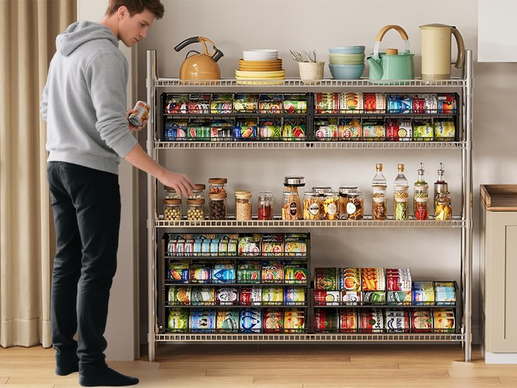 3 Tier Stackable Can Rack Organizer for Pantry Shelf, Adjustable Extra-Long Can Holder for Kitchen Storage, Sturdy Standing Rolling Can Dispenser for Canned Food Goods Drink Soup up to 96, Black image number 1