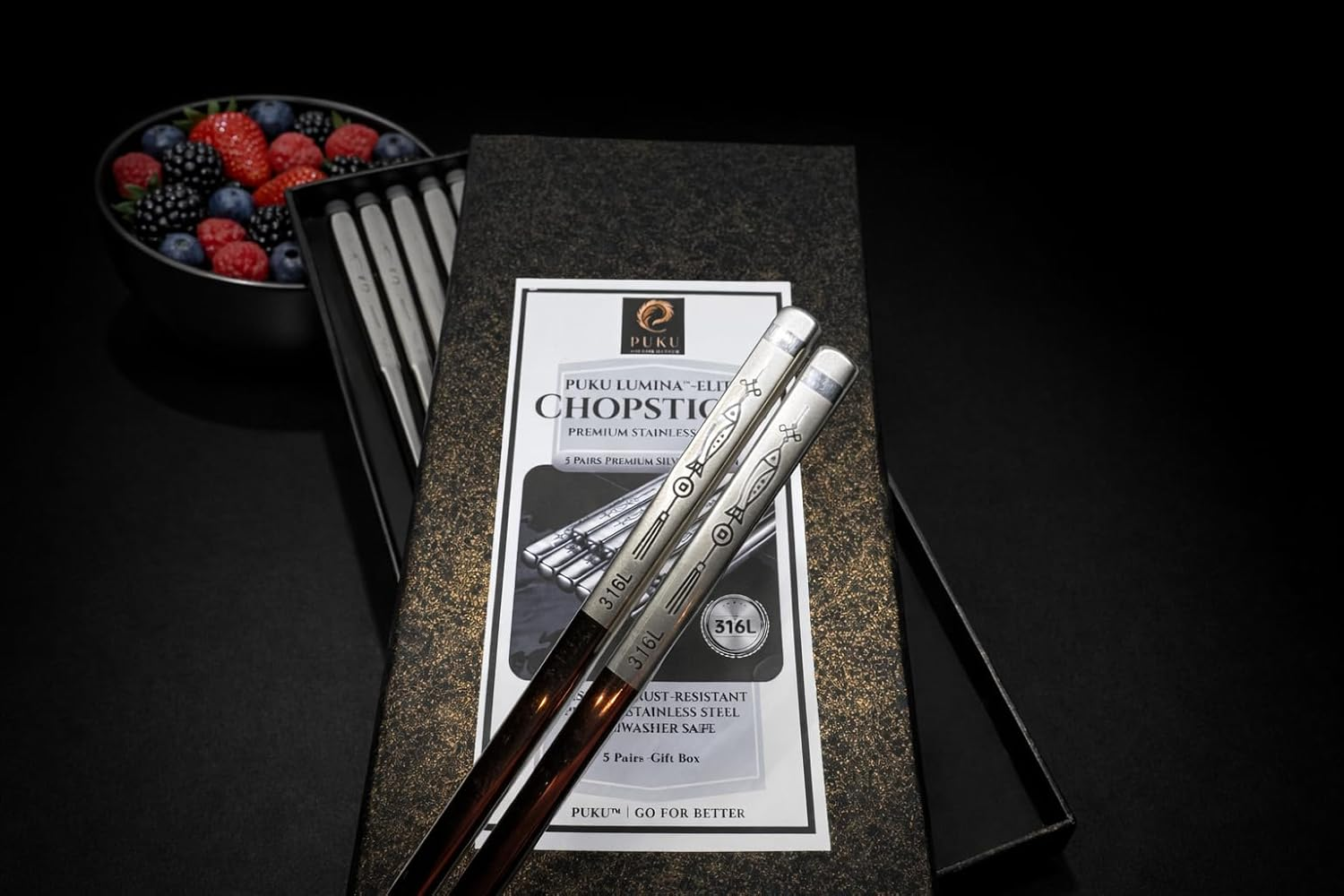 PUKU Lumina&trade;-Elite 18/10 Silver Stainless Steel Chopsticks Set (5 Pairs) &ndash; Reusable 316L Metal Chopsticks, Engraved Non-Slip Tips, Square Anti-Roll Design, Rust-Resistant, Dishwasher Safe, Gift-Boxed image number 4