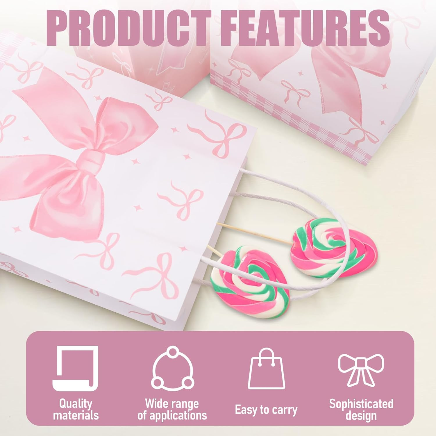 ACOSIY 12 PCS Bow Pink Goodie Bags, Plain Reusable Gift Bags with Handles, Pastel Candy Party Favor for Wedding Birthday Bridal Engagement Decorations (Pink) image number 2