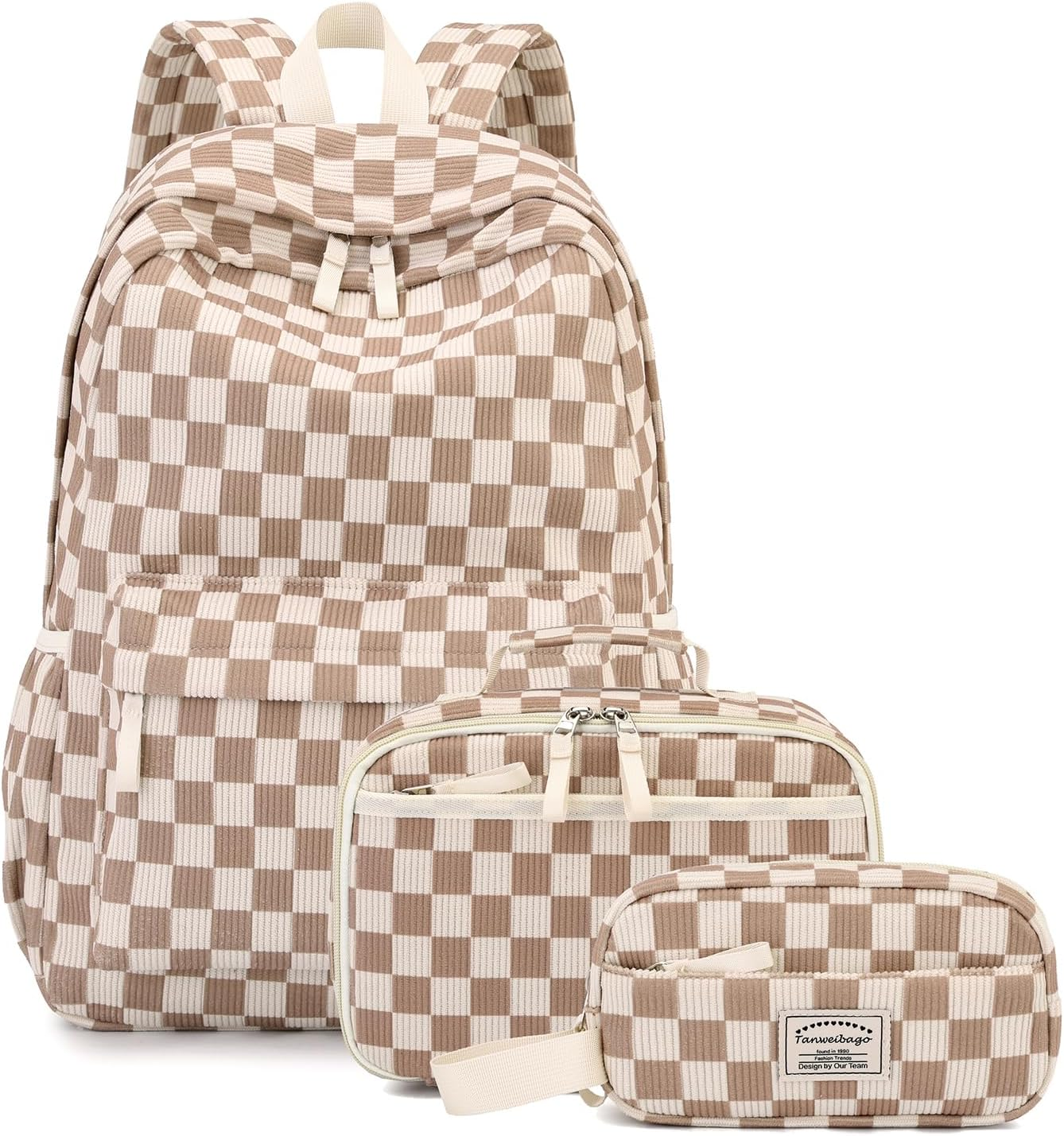 Tanweibago Backpack for Girls Boy Teen Corduroy Bookbags Elementary Middle High School with Lunch Box Pencil Bag