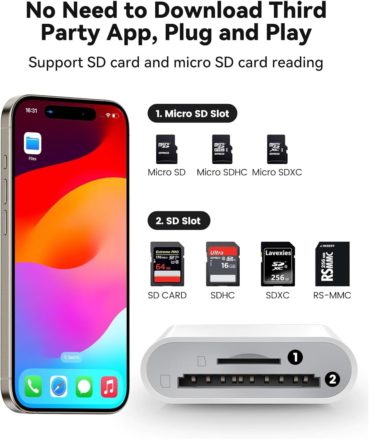 SD Card Reader for Iphone 15/16, Digital Camera Adapter Supports Micro SD Type C Memory Card Adapter, Trail Camera Viewer Plug and Play for Iphone 16/15/Ipad/Macbook/Imac/Galaxy/Android - 2 Slots image number 4