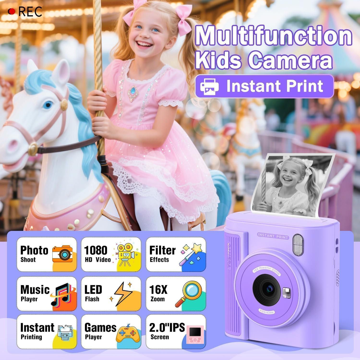 ZONEY Instant Print Camera for Kids, Birthday Gifts for Girls Boys,1080P Kids Digital Camera with Dual Camera Toys for 4 5 6 7 8 9 10 Year Old Girl with 32GB SD Card(Purple) image number 4