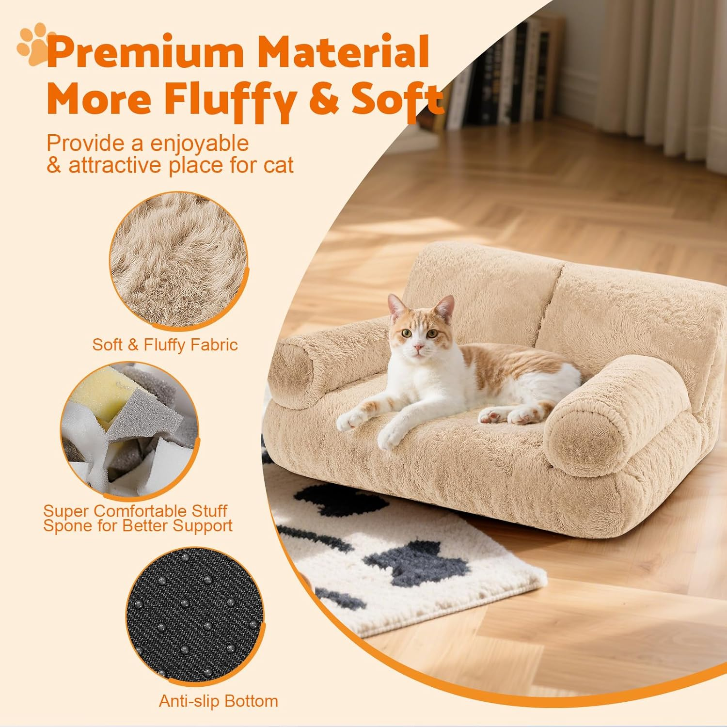 Gimars Upgrade Large Cat Bed for Indoor-Added 10% More Stuff Sponge, Orthopedic Cat Couch Beds with Bolstered Edges, Fluffy Washable with Removable Cover, anti Slip Base, Tea Milk Color image number 4