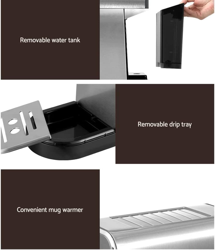Devanti Coffee Machine, 20 Bar Barista Express Espresso Maker Pod Cafe Cup Latte Cappuccino Milk Frother Machines, with Powerful Pressure Pump Removable Drip Tray and Water Tank Stainless Steel image number 2