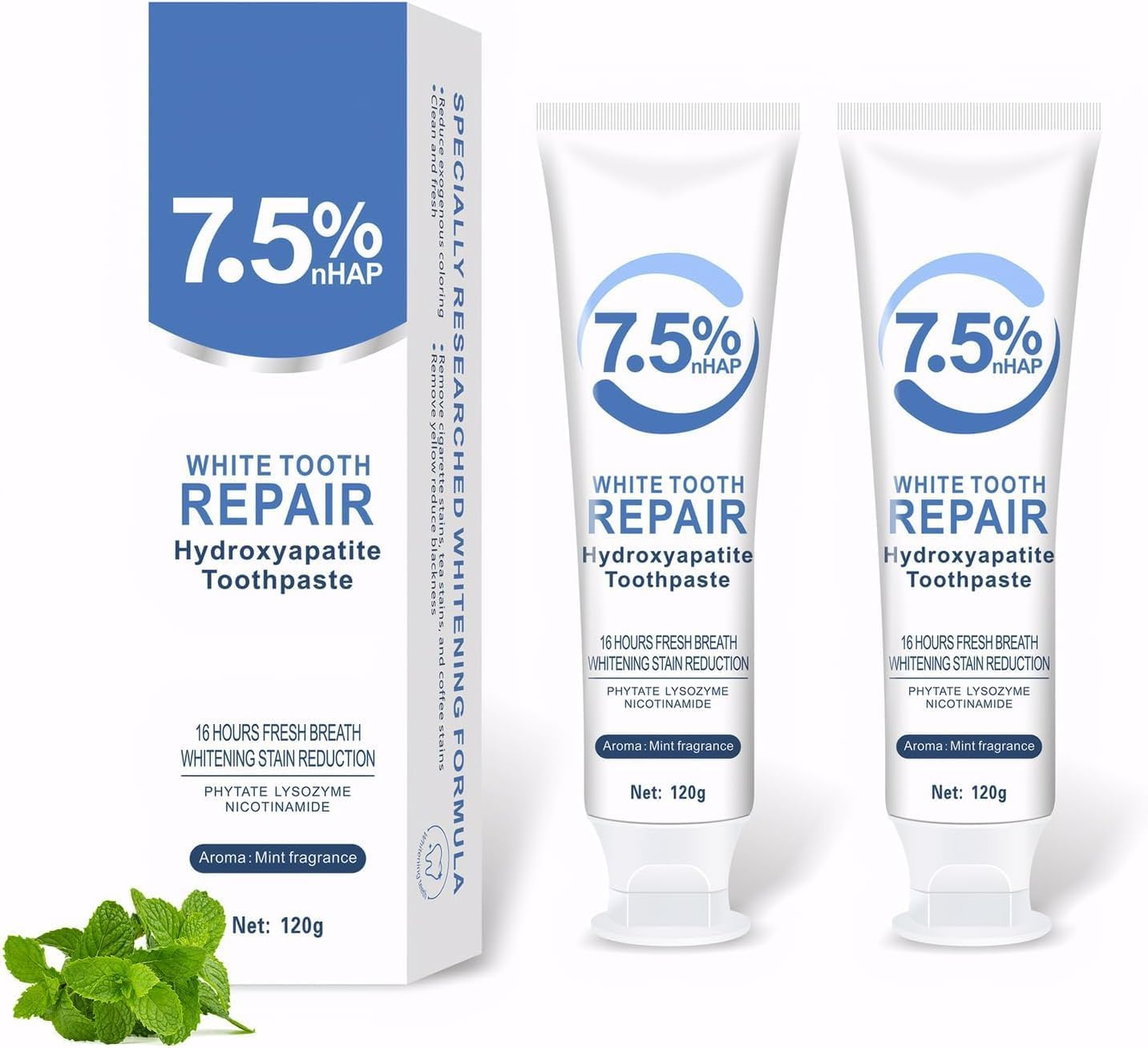 2Pcs Hydroxyapatite Toothpaste,Hydroxyapatite Toothpaste 7.5,Fluoride-Free Enamel Protection for Sensitive Teeth, Fresh Mint Flavor(2 X 120G) image number 1