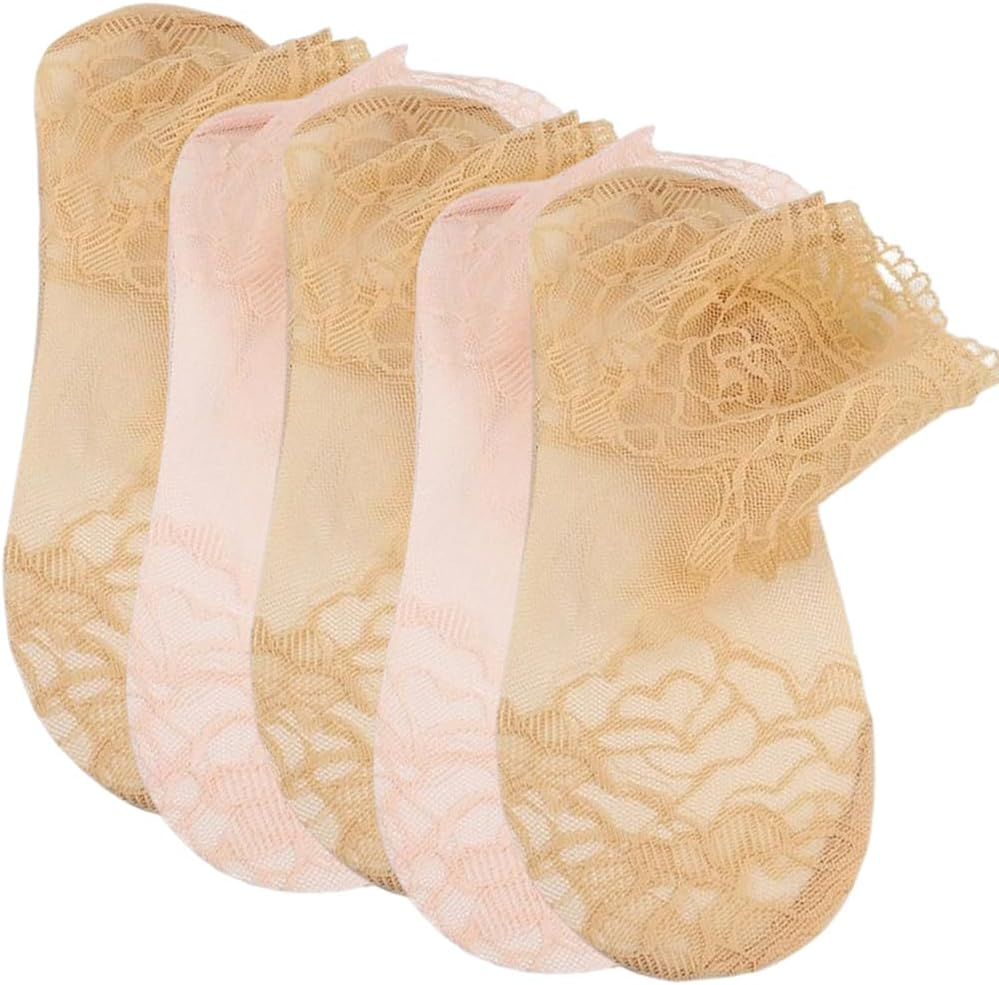 Dress Cici Lace Top Low Cut Socks for Women, Bottom Cotton Ankle Socks, Thin, Breathable, Lightweight Lace Sock (5 Pairs)