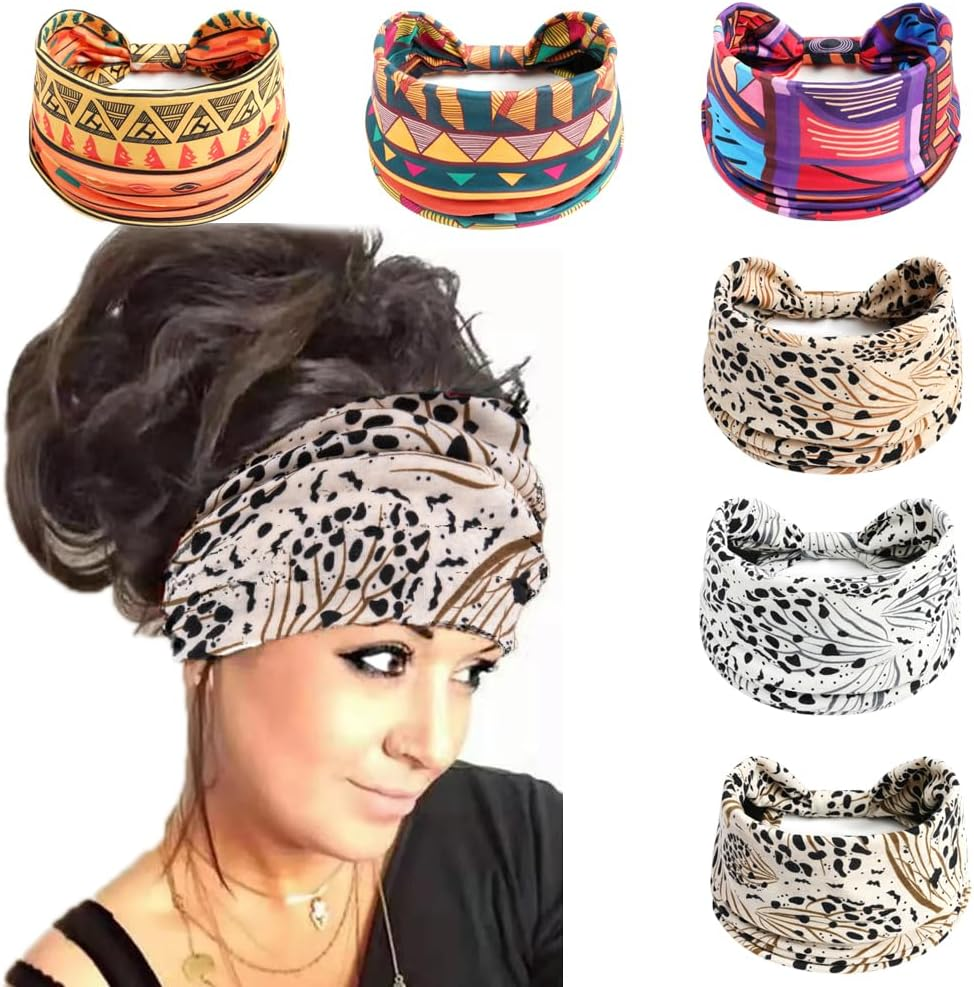 6Pcs Headbands for Women Wide Knotted Turban Bandana Boho Head Scarfs Wraps Yoga Hairbands Fabric Elastic Headband Sport Running Headscarves