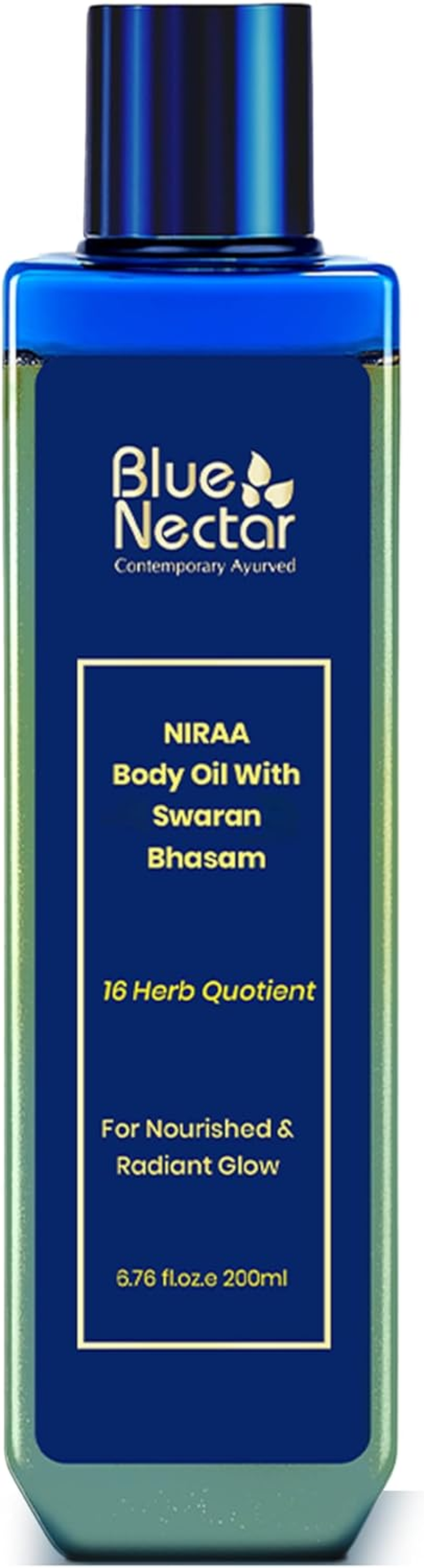 Blue Nectar Body Oil with 24K Swaran Bhasam for Glowing Skin | Ayurvedic Body Oil for Dry Skin | Nourishing Oil with 24K Gold & Shimmer (16 Herbs, 200Ml) image number 1