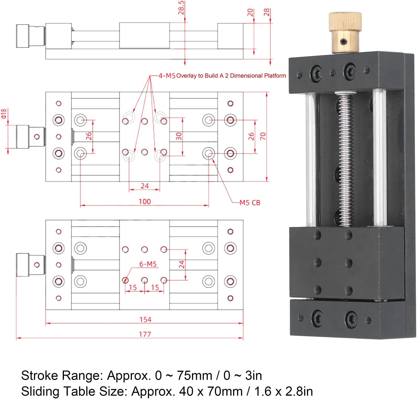Linear Stage Table, 75Mm M5 Stroke Aluminum Alloy CNC Linear Stage Motion Actuator Sliding Table Linear Rail Guide Rail Stage with Base Stepper Motor for CNC Automation, 40 X 70Mm