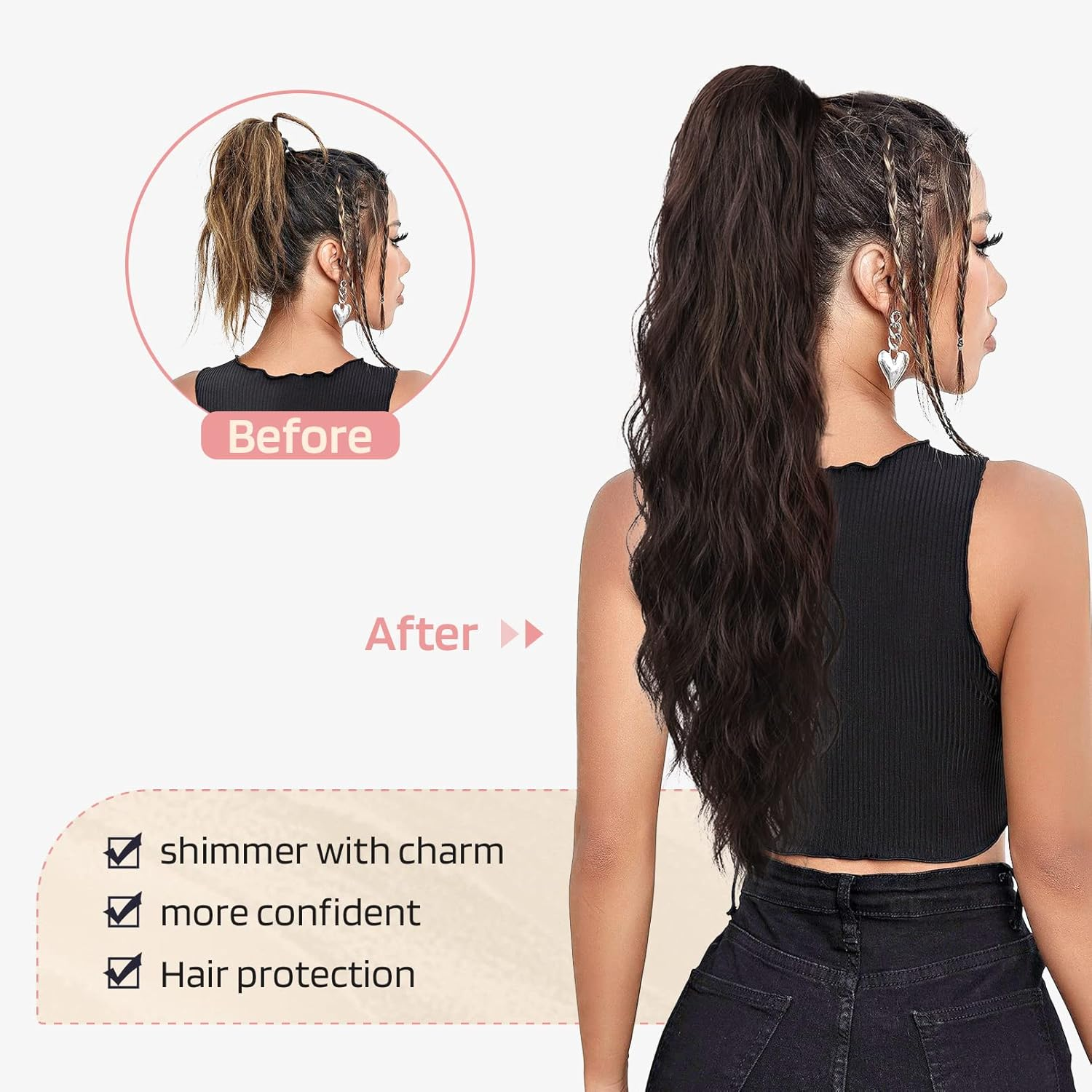 FLUFYMOOZ Ponytail Extension, 26 Inch Drawstring Ponytail Hair Extensions for Women，Long Curly Wavy Ponytail Natural Wavy Synthetic Hairpiece for Women Daily Use Party （22 Inch Ash Brown with Blonde Highlights） image number 1