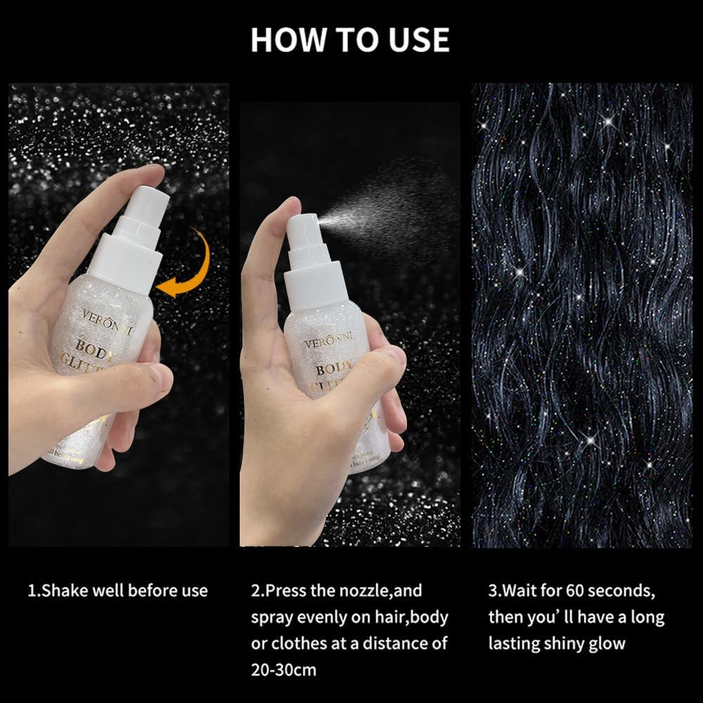 Body Glitter Spray for Women, Body Shimmer Sparkle Highlighter Spray, Silver-White Liquid Glitter Sprays, Natural Shine, Long Lasting, Quick-Drying for Stage, Festival, Party and Makeup image number 3