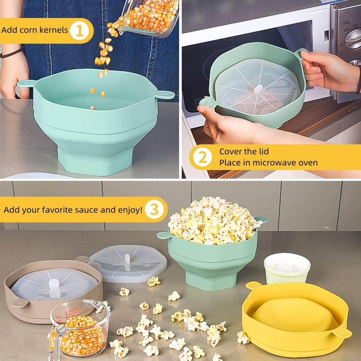 DDMMQS Silicone Popcorn Bowl Collapsible Popcorn Bowl with Handle Popcorn Maker BPA Free, Multipurpose Silicone Bowl Dishwasher Safe (Cyan) - Yellow image number 3