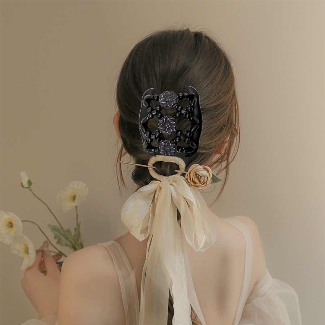 OQKAHIV Hair Comb with Elastic Beads and Stretchy Hair Clip, 1 Piece Magic Hair Comb Double Clip for Girls, Beautiful Hair Accessories Elegant Hair Clip for Women, Hair Styling Hair Comb