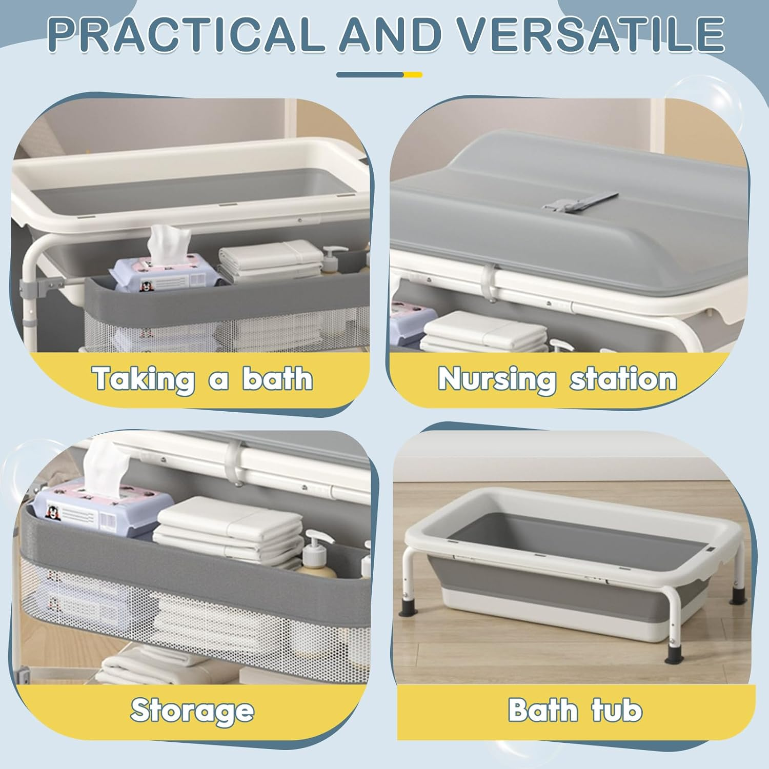 Portable Baby Changing Table 2-In-1 Baby Change Station with Tub Foldable Baby Bath Stand Diaper Change Table for Newborn Infant Mobile Nursery Organizer (Foldable) image number 6