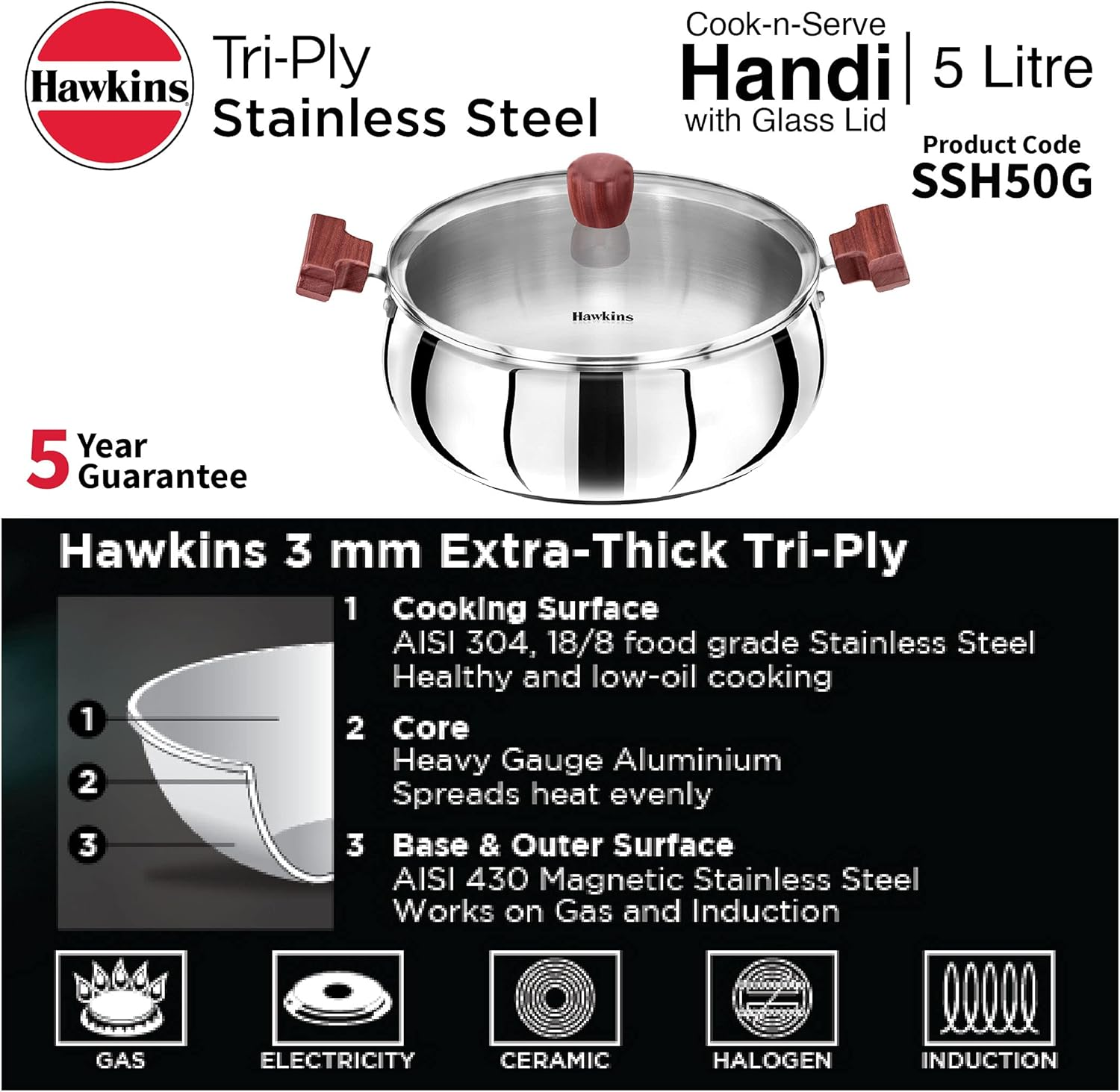 Hawkins Futura Steel Cook N Serve Handi with Glass Lid, 5.0 Litre Capacity image number 5