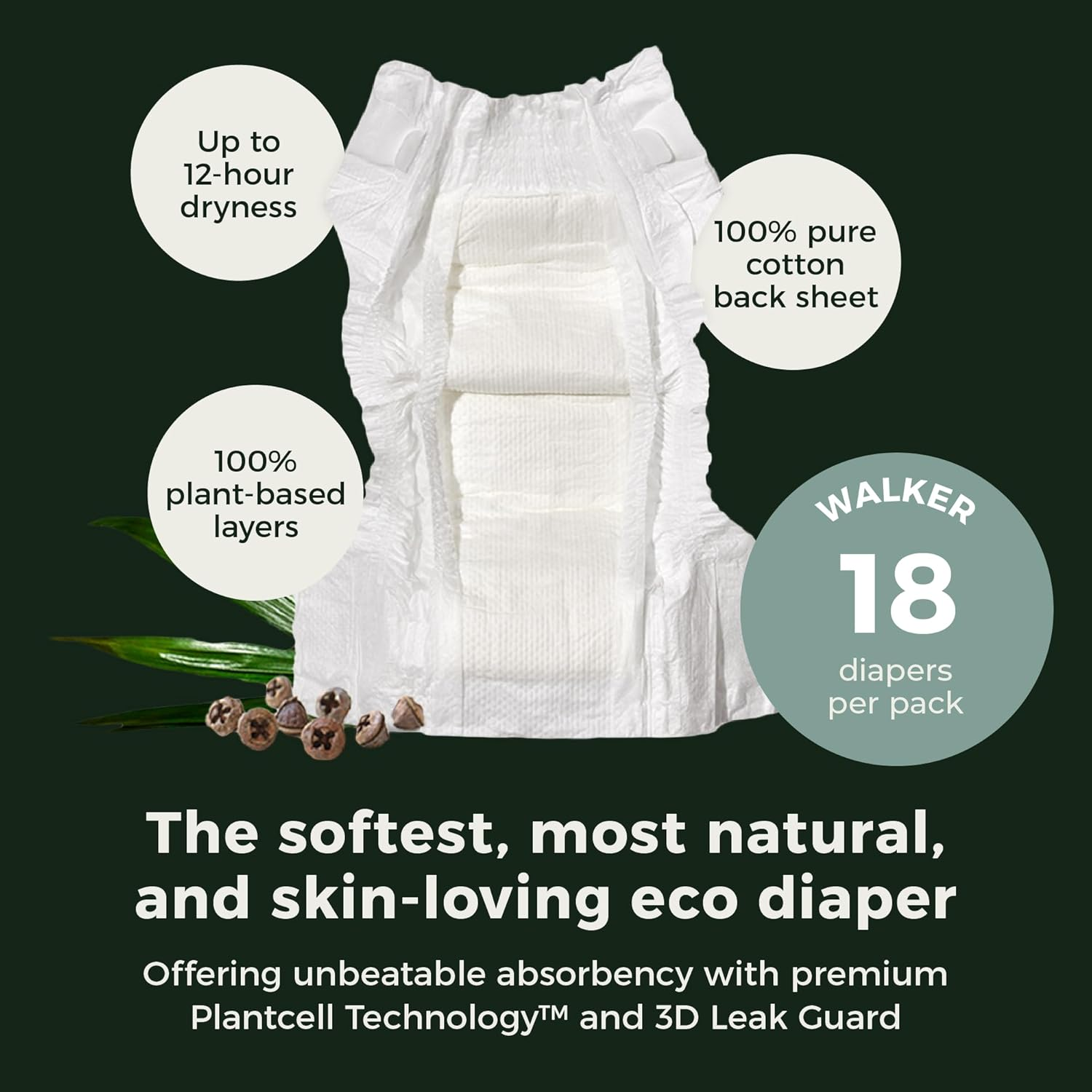 Ecoriginals - 18 Eco Walker Nappies - Toddler Nappies Size 5 with 100% Plant-Based Layers, Disposable & Hypoallergenic Baby Essentials for Kids - Secure Fit Nappies (12-18Kg), 1 Pack image number 1