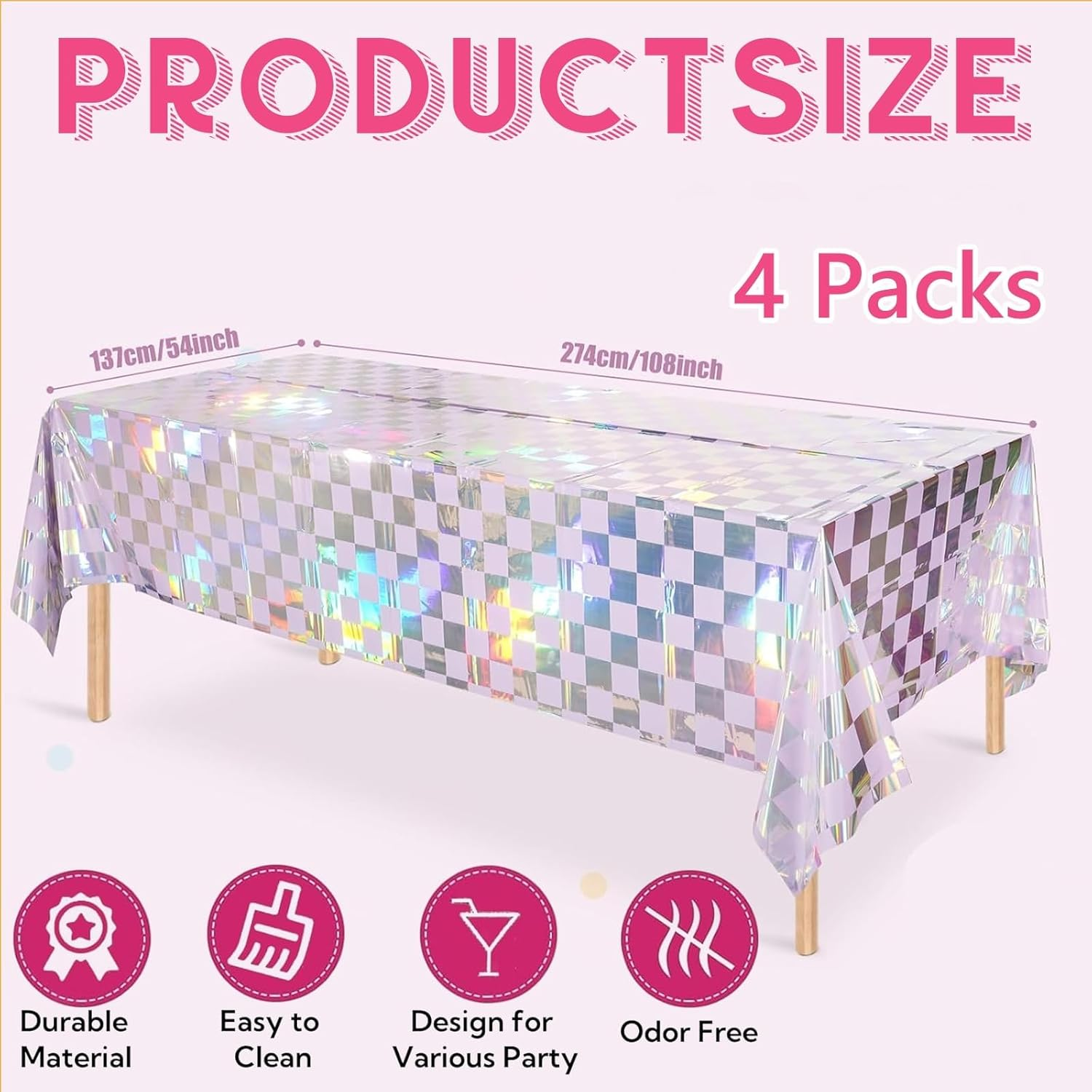 OQOQ Iridescent Checkered Tablecloth (4 Packs, Pink&Sliver) - 108X54 Inches Pink Iridescent Party Decorations Table Cloth Disposable Plastic Table Cover for Birthday Bachelorette Princess Party - Black Silver Checkered image number 7