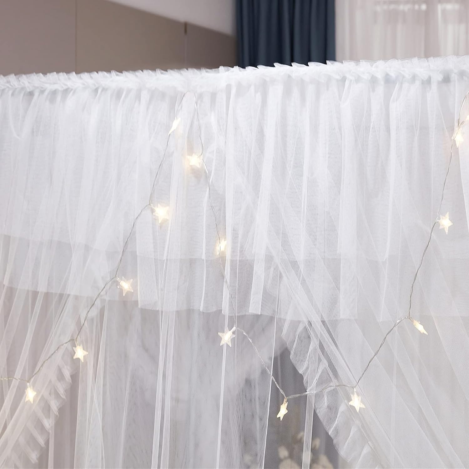VETHIN 4 Corners Post Ruffle Princess Bed Canopy Curtain-Double Layer Cozy Drape Netting 4 Opening Mosquito Net for Girls Adults Bedroom Decoration (White/White, 59" W*82" L*82"*H/(Queen)) image number 5