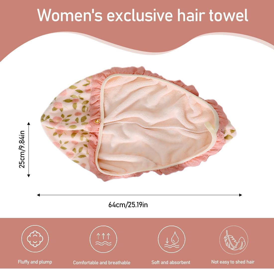 FIMWOLZ 1 X Coral Fleece Hair Turban Hair Drying Towel with Buttons with Lace Trim, Quick-Drying Turban Towel for Hair image number 4