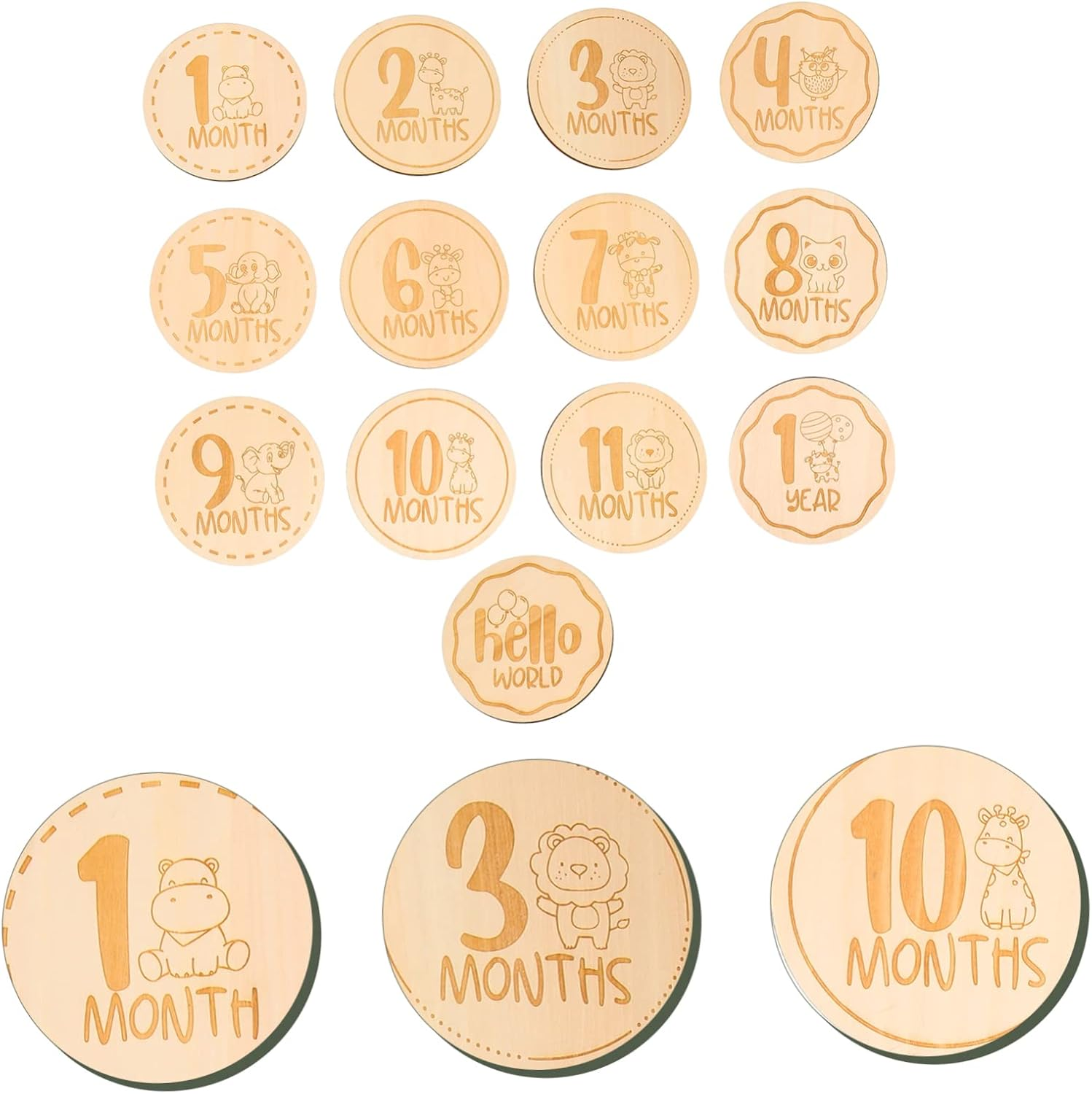 13Pcs Baby Wooden Milestone Cards Cartoon Animal round Growth Photo Props for Infant Newborn Monthly Tracking Accessory Set image number 2