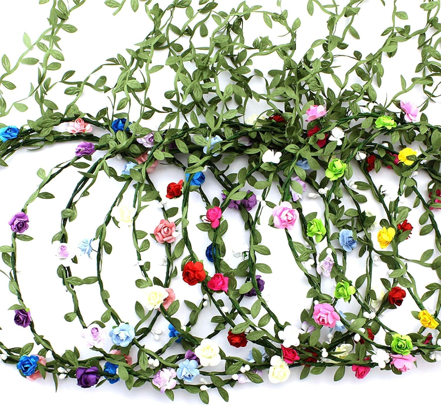 9 Pcs Flower Crown Headband,Hair Floral Wreath Garland Leaf Ribbon,Adjustable Multicolor Boho Halo Headpiece for Women Girls Wedding Festival Holiday Christmas Halloween Party,Seaside Vacation Photo image number 2