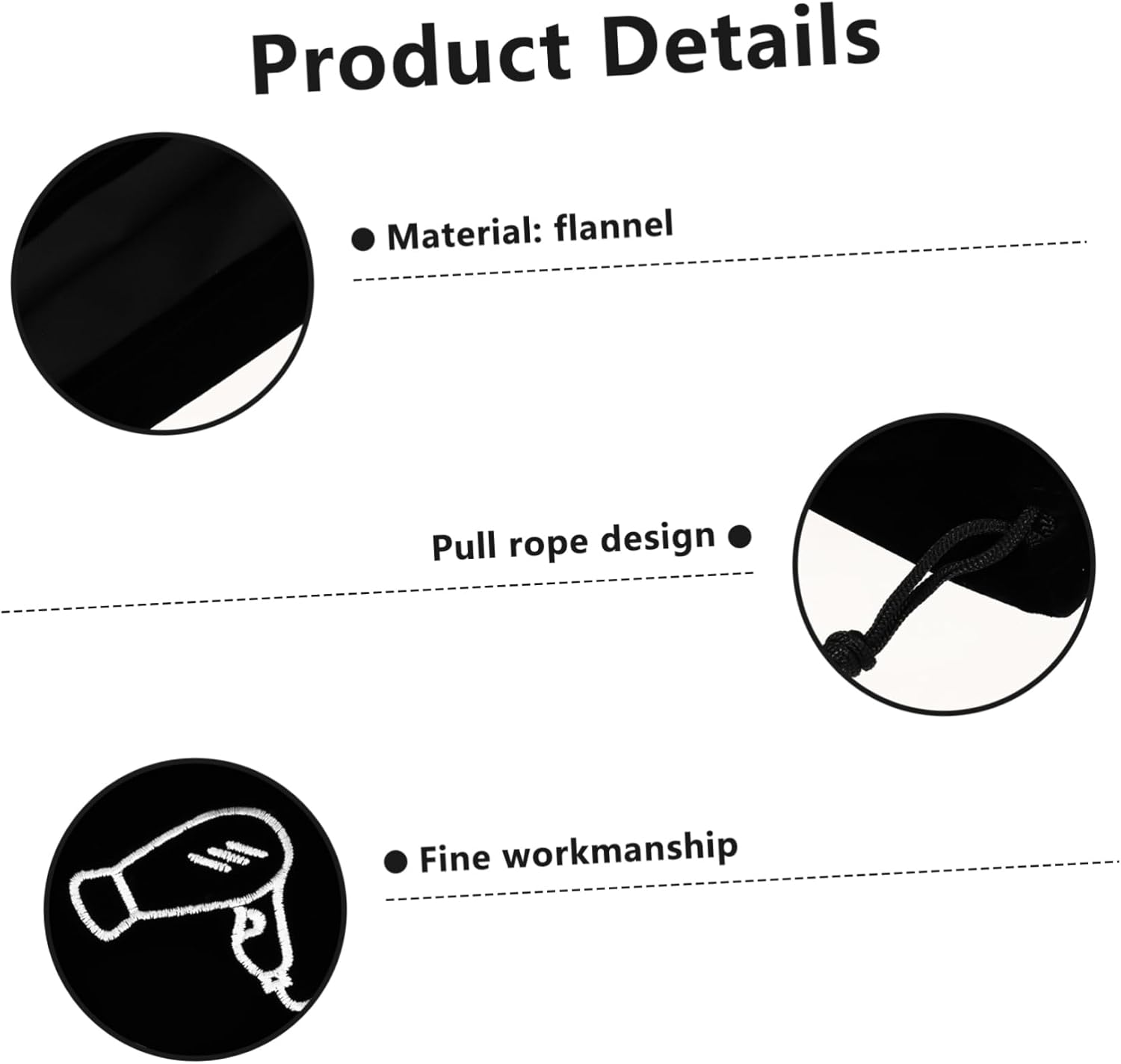 CTIRCHIU Black Flannel Hair Dryer Storage Pouch with Drawstring Closure Capacity Travel Bag for Guest Organization and Easy Hanging image number 2