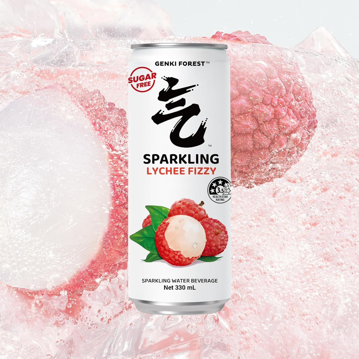 GENKI FOREST Lychee Fizzy Sparkling Water Beverage, Zero Sugar Drinks, 330Ml X 24 CANS image number 3