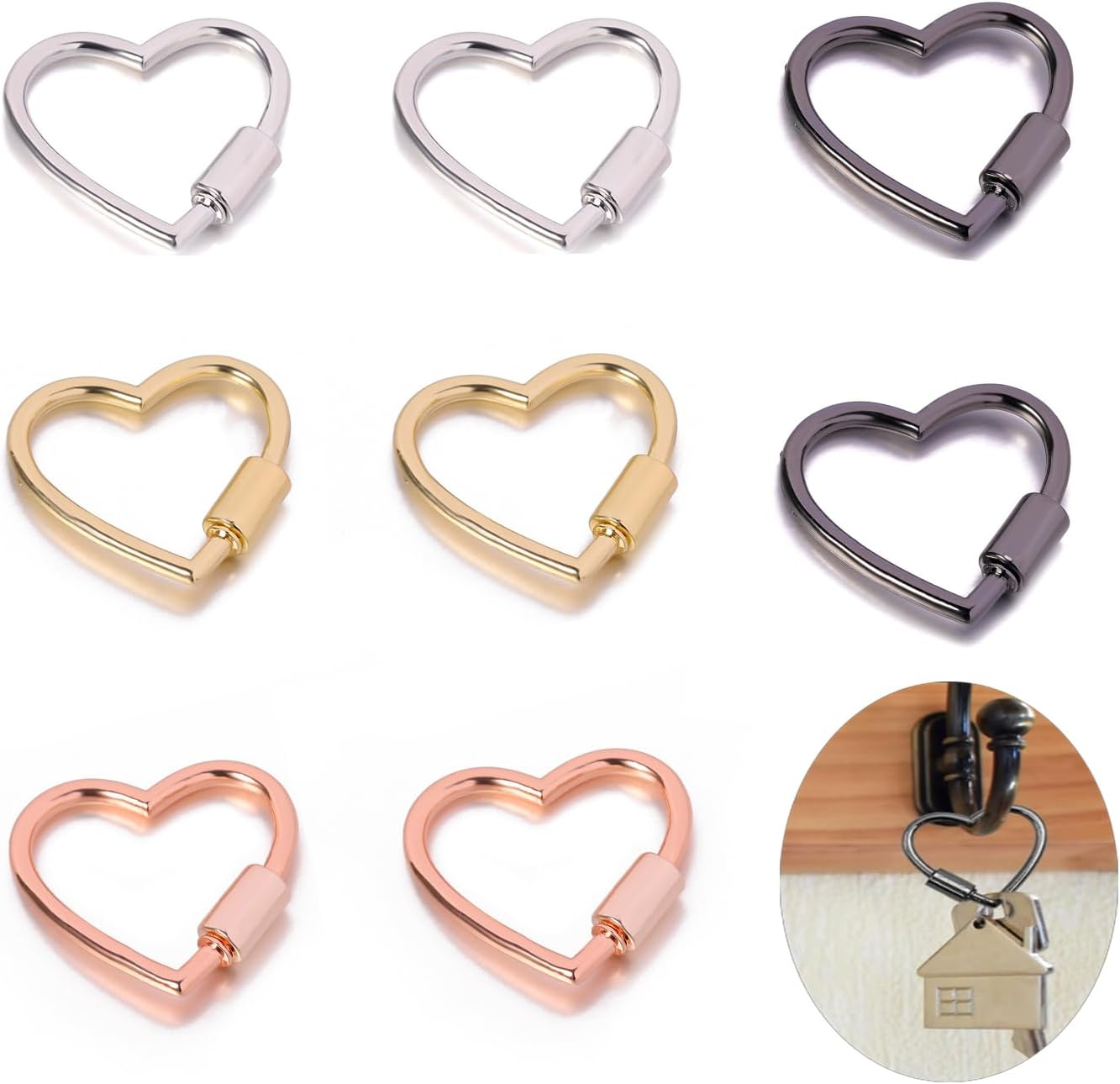 Taicols Heart Shaped Key Ring, 8 Pcs Heart Carabiner Clip, Cute Carabiner Keychain, Small Spring Snap Hooks, Mini Metal Heart Buckle, Carabiners Hiking Clips, Heart Shape Keychain Clip, Climbing Clips image number 2