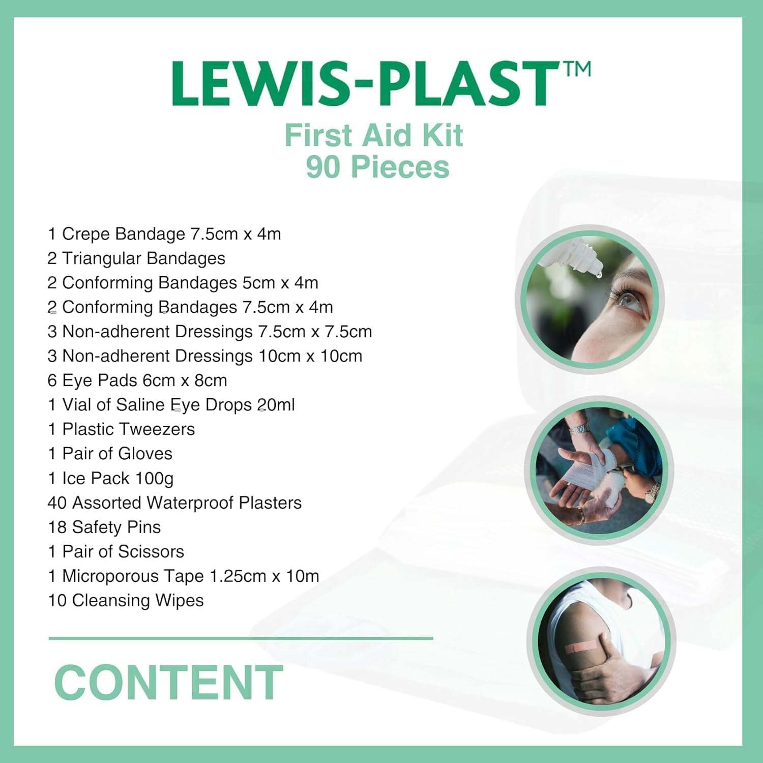 Lewis-Plast Premium First Aid Kit for Home Car Holiday and Workplace - Includes Bandages, Eye Pods, Ice Packs and Essentials for Everyday Situations, 90 Count (Pack of 1) image number 3