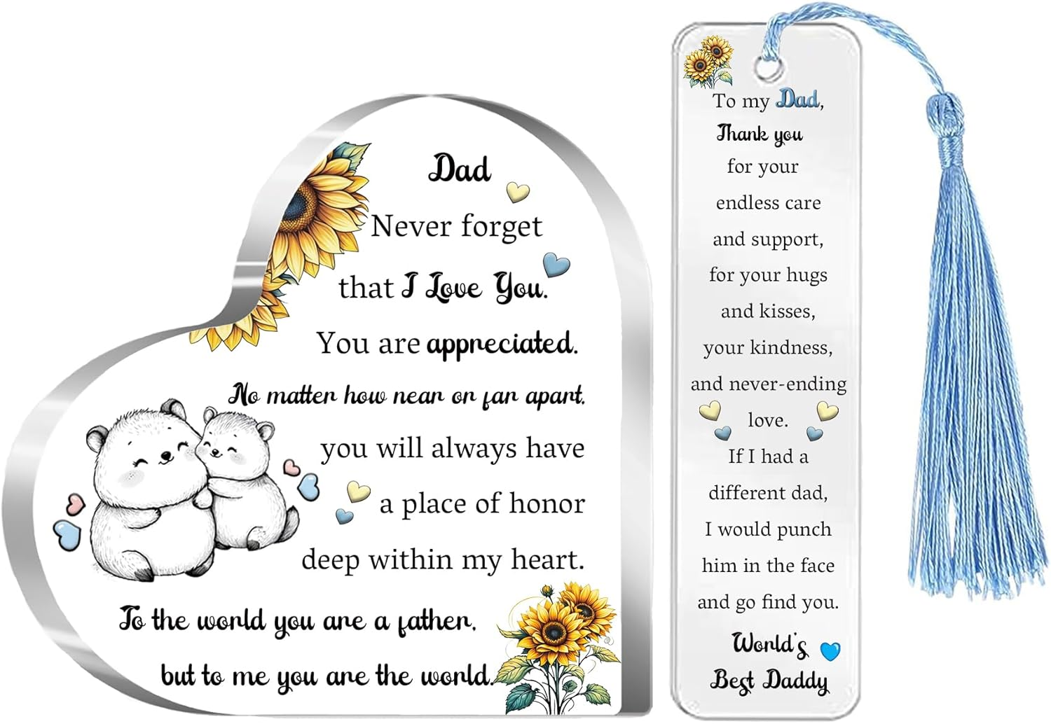 Dad Gifts Daddy Present Father'S Day Gift 2PC Set Acrylic Heart Plaques Bookmark Women Gift Papa Desk Signs Christmas Birthday for Him Thanksgiving New Year Page Markers Reading Accessory