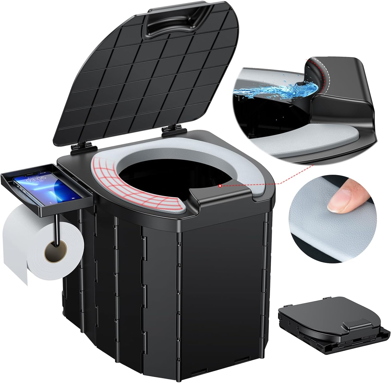 Portable Toilet, Upgraded 12-Inch Toilet Seat, Folding Toilet with Removable Paper Holder, Camping Toilet with a Load Capacity of 450 Lbs, Portable Potty for Indoor, Outdoor, and Emergency Use