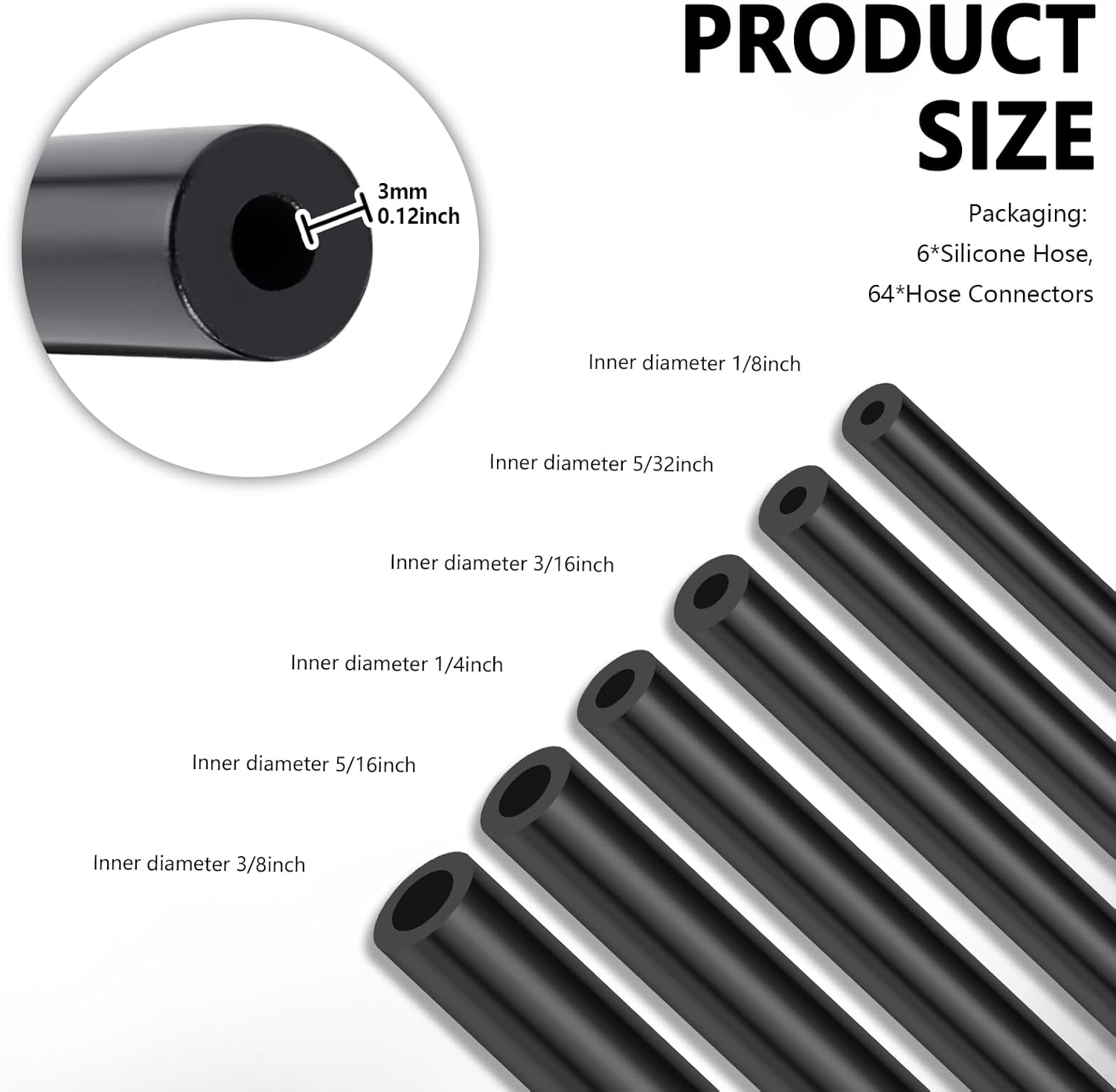 6PCS 5Ft Silicone Vacuum Hose Kit with 64PCS Connectors,100Psi Vacuum Hose Automotive Parts Include 1/8" 5/32" 3/16" 1/4" 5/16" 3/8" Id,Silicone Tubing for Auto Line Replacement image number 4