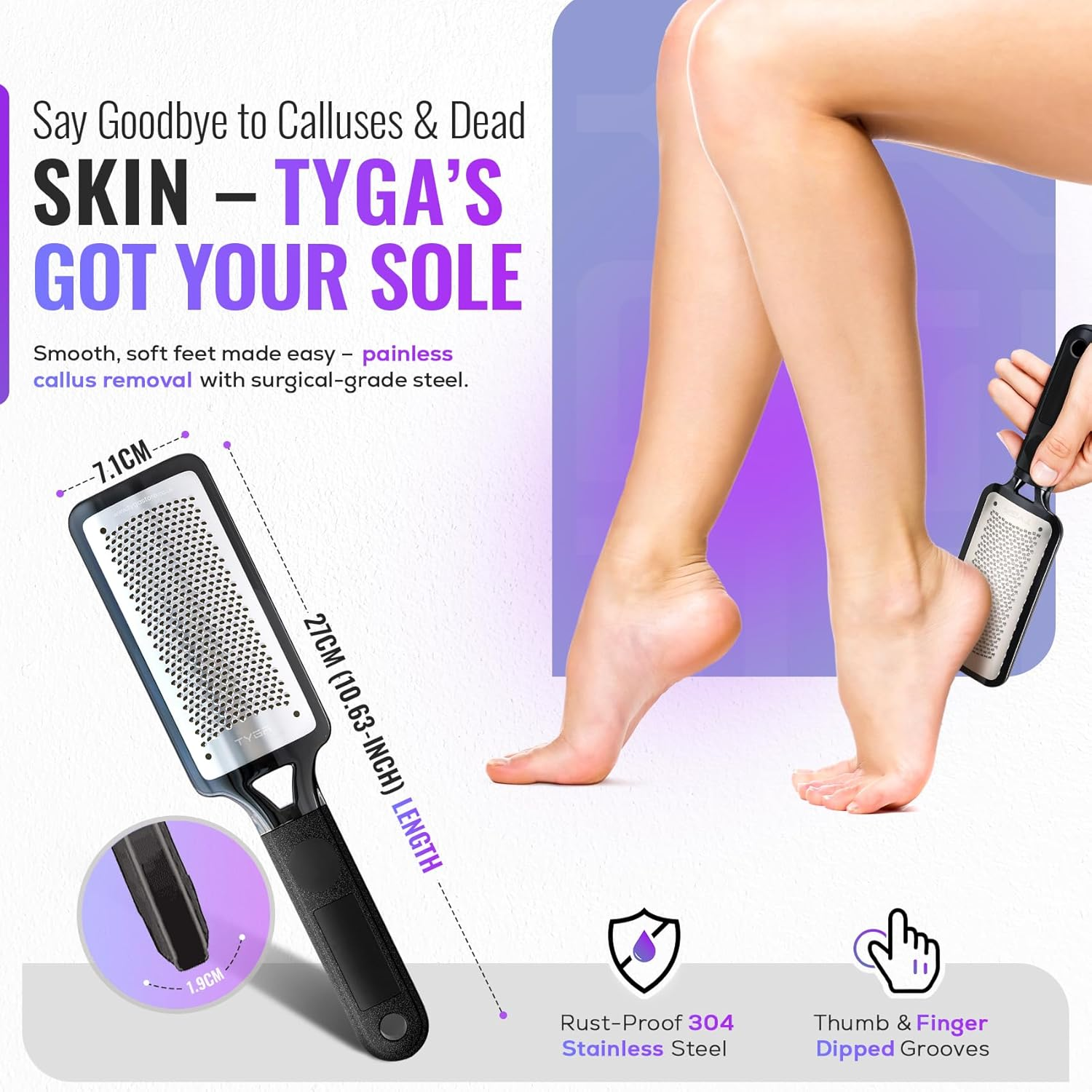 TYGA Foot Rasp Foot File and Callus Remover - Pedicure Tool for Removing Dead Skin, Feet Hard Skin Remover, Foot Scraper, Can Be Used on Both Wet and Dry Feet