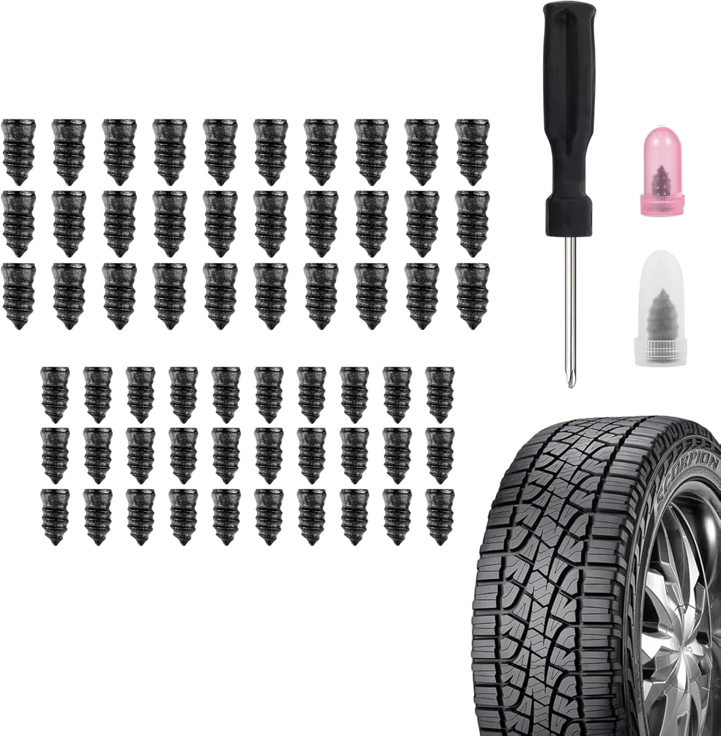 Tyre Repair Kit, 60 Pcs Tire Repair Rubber Nail Studs, Tire Repair Rubber Screws Plugs Fast Tool Self-Service Vacuum Tire Repair Rubber Nail, Suitable for Car Motorcycle Jeep Tire Puncture Repair image number 2