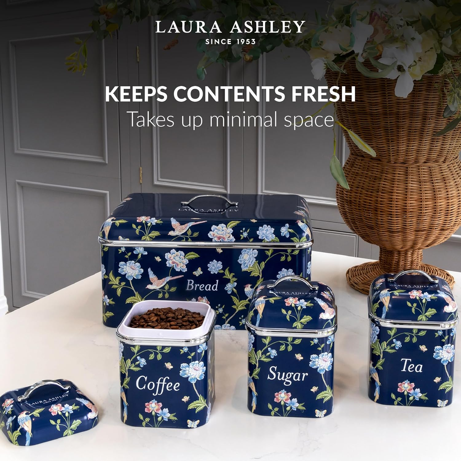 Laura Ashley Tea Coffee Sugar Canisters Set of 3 by VQ - Easy to Clean Stainless Steel Containers with Lid - Stylish Printed Kitchen Storage & Organisation Containers - Elveden Navy image number 4