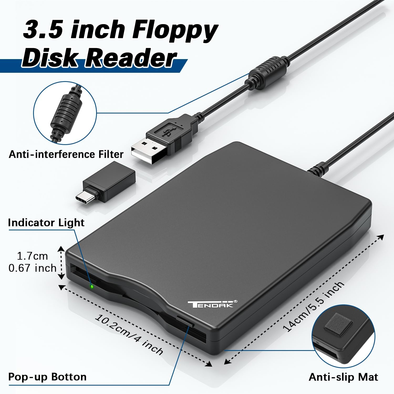 USB Disk Drive, Tendak 3.5" USB 2.0 Floppy Disk Drive Portable External 1.44MB 720BKB FDD Diskette Drive for PC Windows 10 7 8 Windows XP Vista Mac (Black)