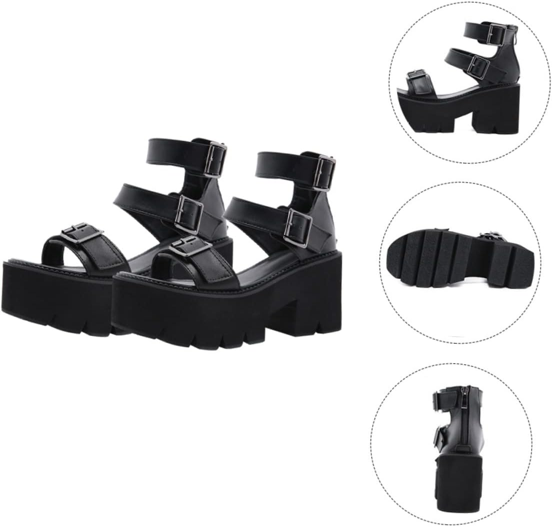 Healeved Women&rsquo;S Black Thick Sole Platform Sandals, Summer Chunky Heel Roman Style Footwear, Size 37, Cut-Out Design for Nightclub and Casual Wear