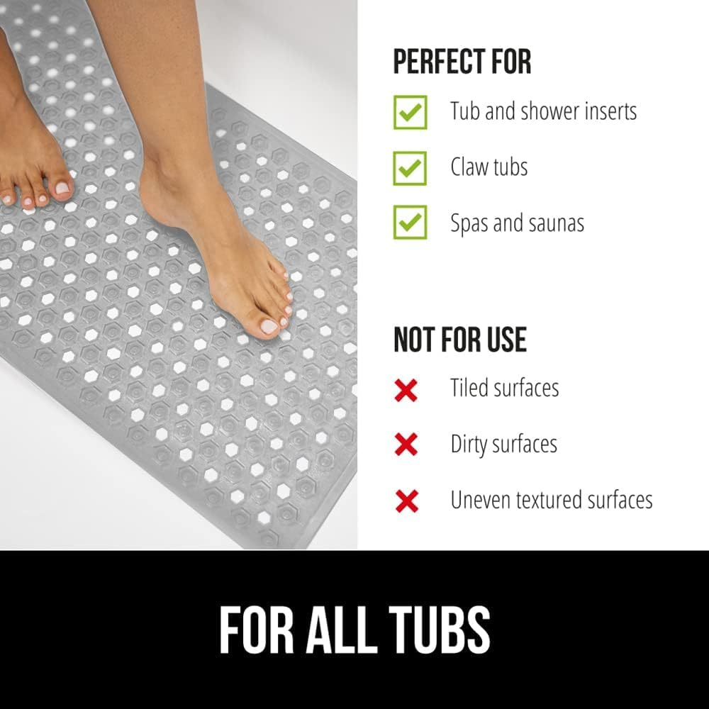 YUTA Bathtub Shower Mat, Non Slip Bath Mats for Tub Floor with Drain Hole and Suction Cups, Soft on Feet, Machine Washable, Easy Dry,40X88Cm Grey - All Clear image number 2