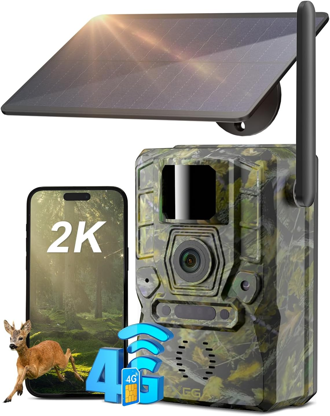 Xega 4G SIM Card Solar Wildlife Camera with Live Feed, 2K GPS No Glow 940Nm Night Vision Trail Trap Hunting Cam, 7800Mah Motion Detection APP Instant Alarm Spotlight Siren Alert, Cloud/Tf Storage,Ip66 image number 3