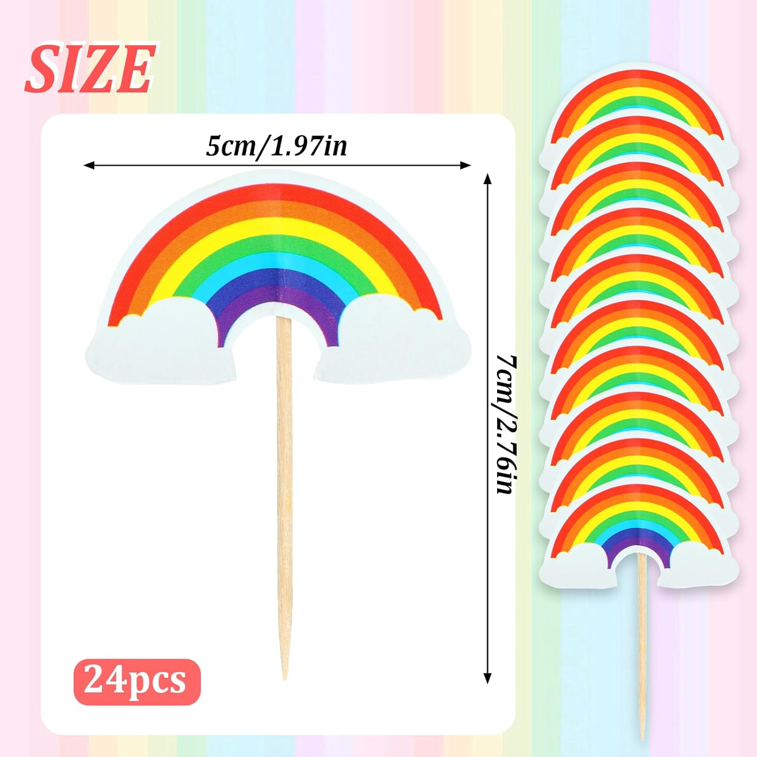 COMNICO 24 PCS Rainbow Cupcake Toppers Theme Party Cake Decorations DIY Cake Picks Insert Toppers Cute Dessert Decorating Supplies for Girl Boys Baby Shower Birthday Party Baking image number 4