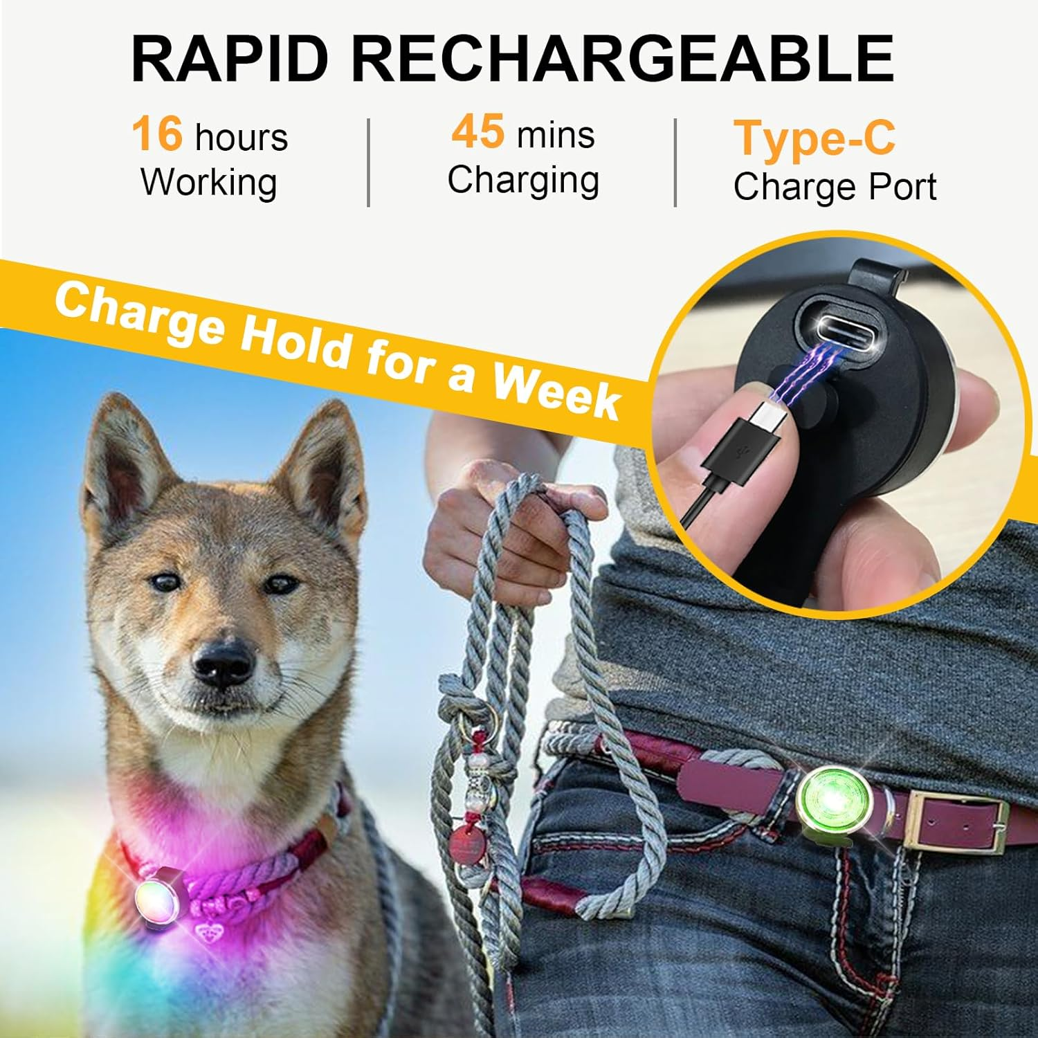 Tubasion 2-Pack Dog Lights for Night Walking, Upgraded 8 Modes Rechargeable Dog Collar Lights for Nighttime Clip On, IP66 Waterproof and Silicon Band Safety Lights for Dog Collars