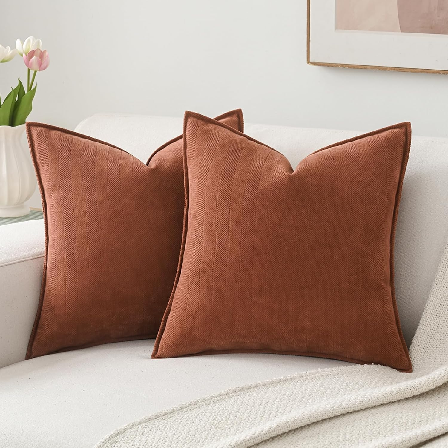 Pillow Covers 45X45 Cm Set of 2, Chenille Pillow Covers with Elegant Design, JOMWEN Soft and Luxurious Decorative Throw Pillows for Couch, Bed, Living Room Home (Chenille Rust, 45 X 45Cm) image number 1